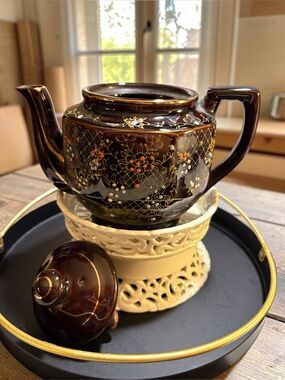 Brown Floral Ceramic Teapot with Gold Detailing